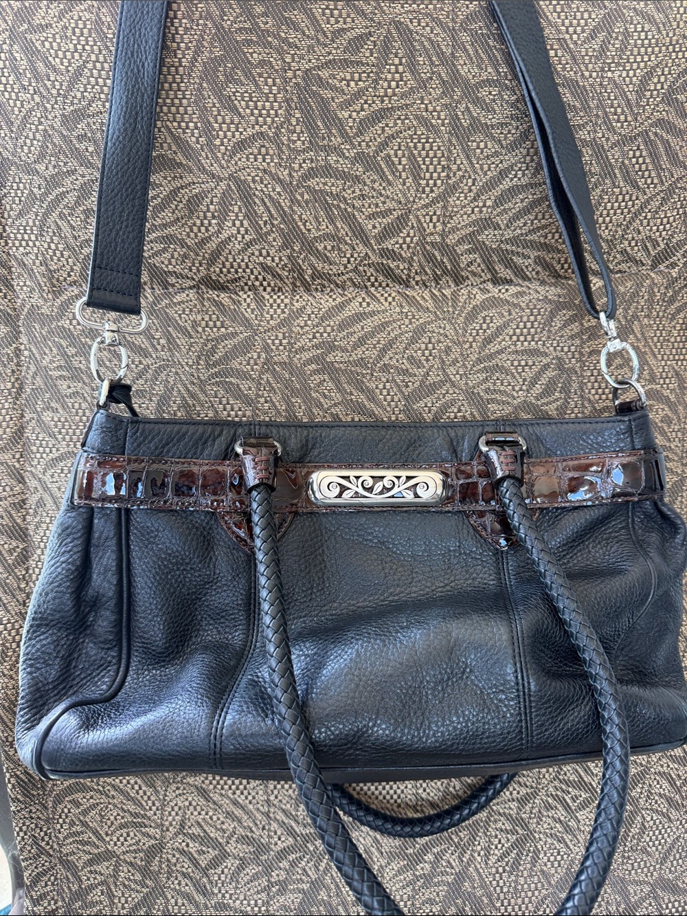 Brighton Black Leather Shoulder Bag with Brown Trim